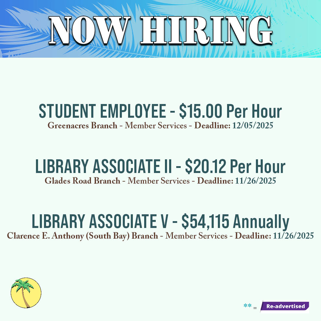 pbclibrary's tweet image. Ready to launch your career? Check out our opportunities and apply today! We have many great benefits, including health insurance, tuition reimbursement, Florida Retirement System &amp;amp; more!

✨ Start your journey with us at tinyurl.com/pbclsJobs

#employment #pbclibrary