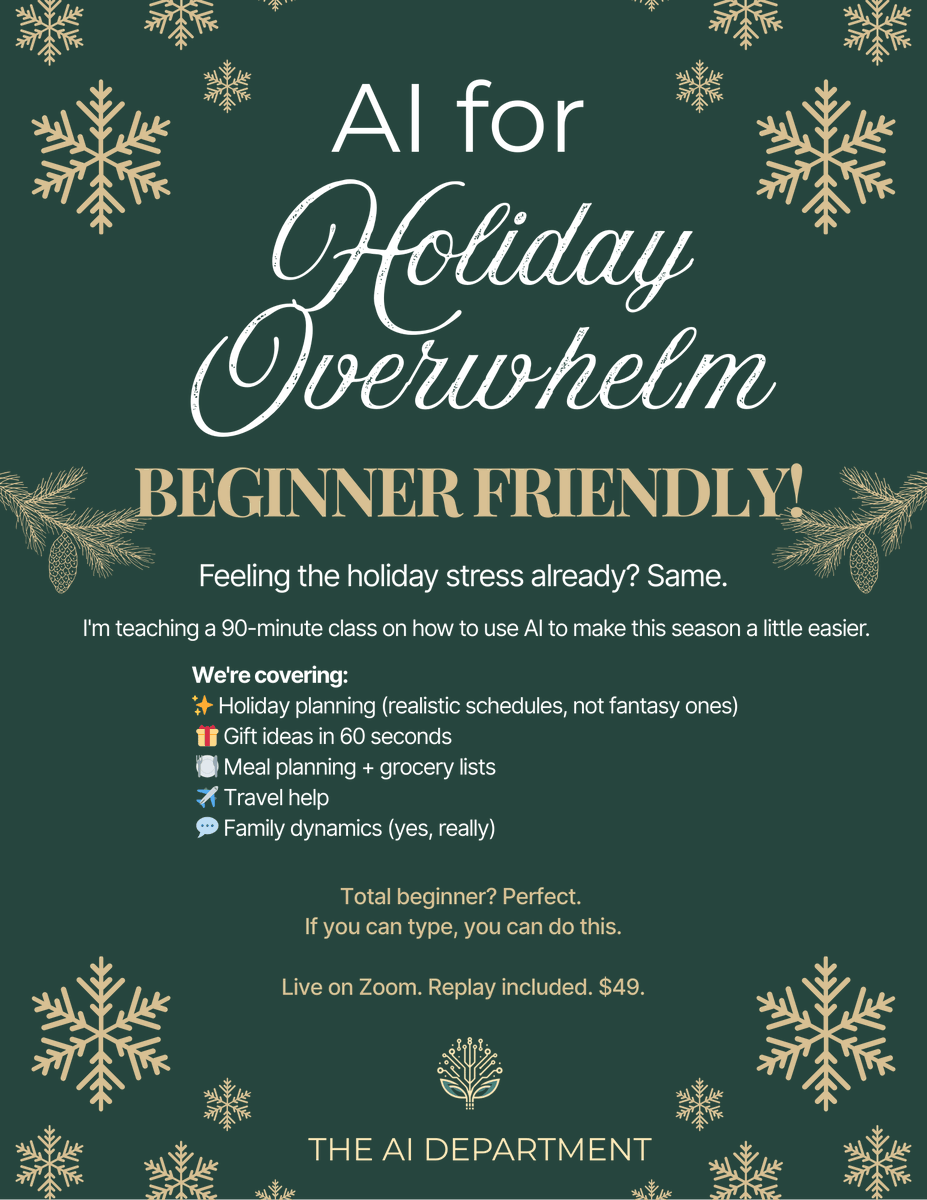 TheAiDepartment's tweet photo. Holiday stress hit me hard.

Then I used free ChatGPT to plan meals, buy gifts, and even prep for awkward family convos.

Now I breathe easier—and I’ve got a full cheat sheet of prompts ready to go.

Takes 90 minutes to learn.

Sign up here: https://t.co/fj3JvlyECK https://t.co/z8a52RgoVu
