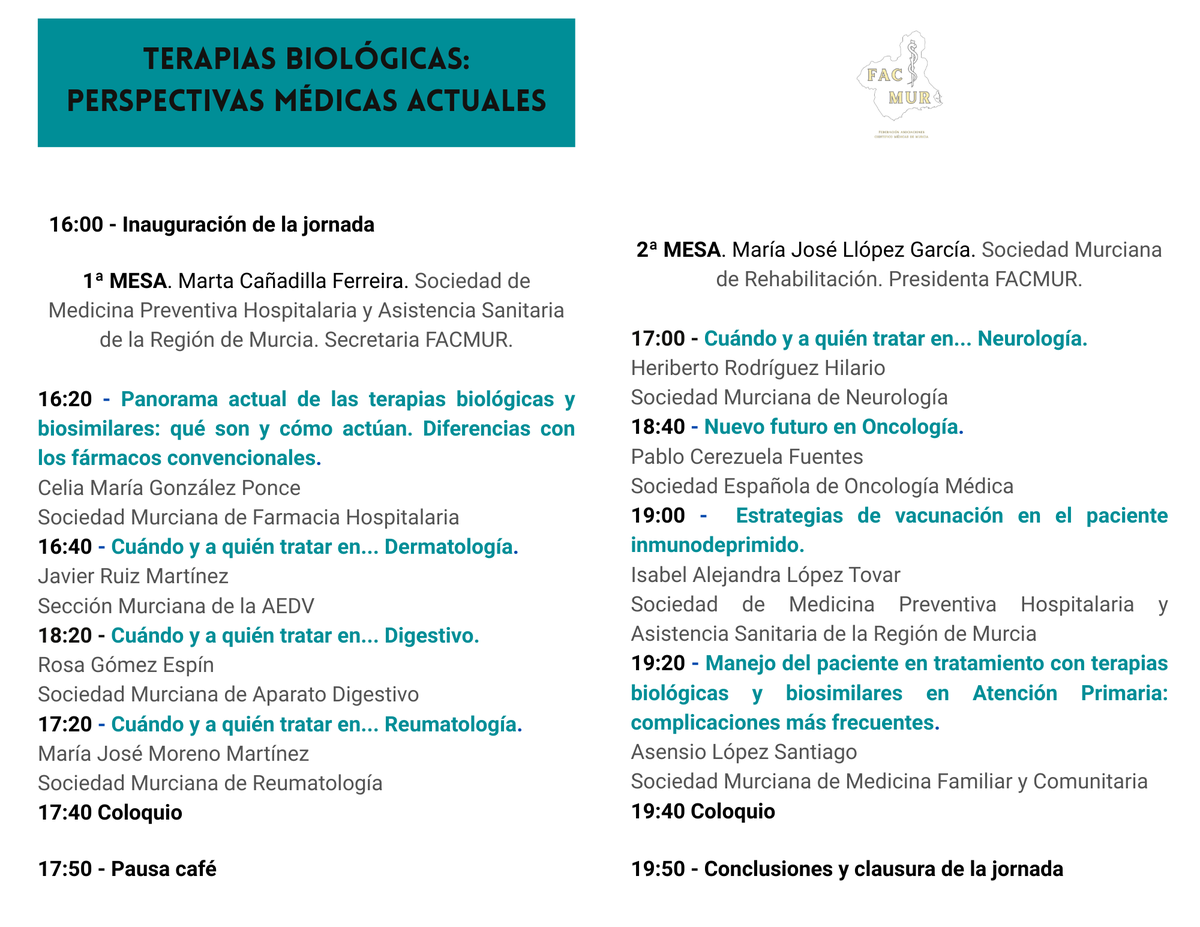 🆕 III JORNADAS FACMUR - Federación de Asociaciones Científico Médicas de Murcia

Terapias biológicas: perspectivas médicas actuales.

🗓️ Jueves 15 enero 2026

🕓16:00 – 20:00

📍HGU Morales Meseguer <a href="/Area6VegaMedia/">Área 6 Vega Media</a> 

✅ Inscripción gratuita: forms.gle/xPryyT6n7XZ21j…