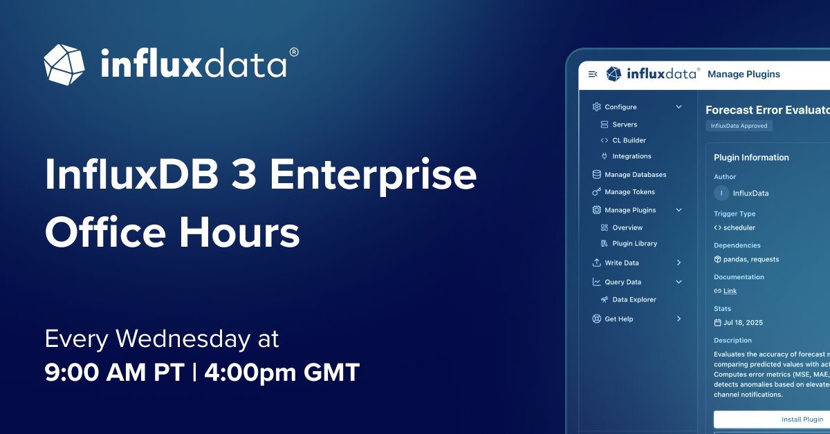 InfluxDB's tweet image. If you have questions about #InfluxDB 3 Enterprise, our team is here to help!

Join us every Wednesday for open office hours with InfluxData experts. Whether you&apos;re troubleshooting, exploring features during your trial, or looking for best practices, bring your questions and…