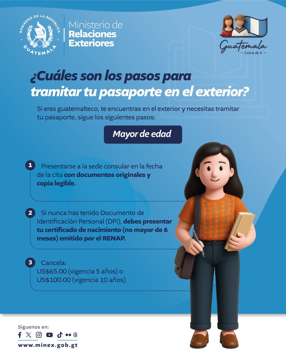 #GuatemalaCercaDeTi🇬🇹 | 📘 ¿Necesitas tramitar tu pasaporte guatemalteco en EE. UU.?
➡️ Presenta tus documentos originales y copia.
➡️ Si no tienes DPI, presenta certificado de nacimiento vigente.
💵 US$65 (5 años) o US$100 (10 años).
