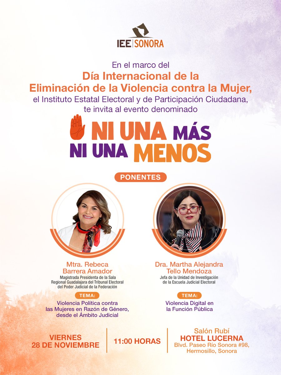 Este viernes 28 de noviembre se  llevará a cabo el evento “Ni una más, ni una menos”, en el marco del Día Internacional de la Eliminación de la Violencia contra la Mujer.  

El encuentro contará con la participación de la magistrada Rebeca Barrera Amador, quien abordará la