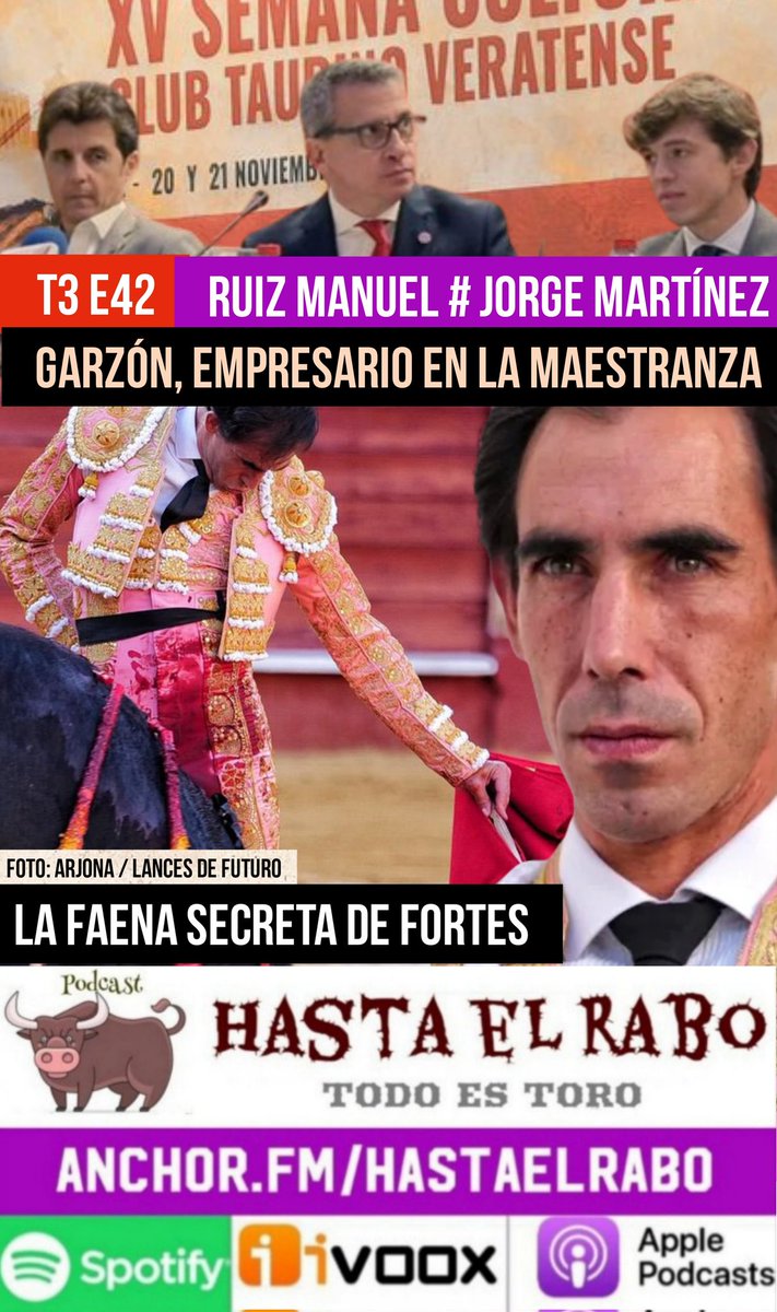 todoestoro's tweet photo. T3 E42
✓ GARZÓN, EMPRESARIO EN LA MAESTRANZA

✓ LA FAENA SECRETA DE FORTES Entrevista 

✓ RUIZ MANUEL 🎤 Y JORGE MARTÍNEZ 🎤, CARA A CARA en el CLUB TAURINO VERATENSE

#PODCAST HASTA EL RABO TODO ES TORO
 
🎙️ https://t.co/It9s3ApWdO

O en Spotify:
🎙️https://t.co/wio1UNhhUG https://t.co/G3Q7WYs8IA