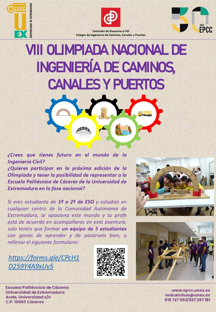 📣 ¡Ya están abiertas las inscripciones para la VIII Olimpiada Nacional de Ing. de Caminos, Canales y Puertos!

Si estudias 1º o 2º de ESO en Extremadura y te gusta la ingeniería, forma tu equipo y participa.
Inscripciones abiertas hasta el 15/01/26

 🔗forms.gle/CPcH1D259Y4A9x…