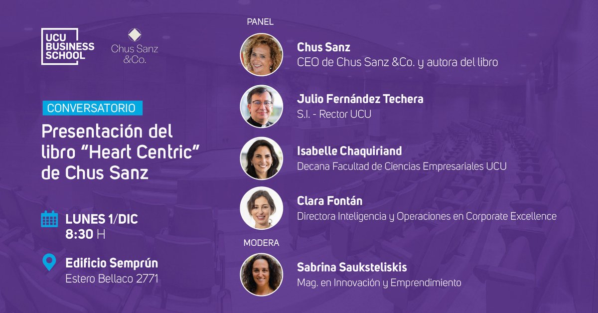 📚 El próximo lunes nos visita Chus Sanz, CEO de Chus Sanz &amp; Co., para presentar su libro “Heart Centric: la innovación pendiente en las organizaciones” y conversar sobre el valor estratégico del capital relacional, en un encuentro acompañado por un panel destacado.

📅 Lunes 1