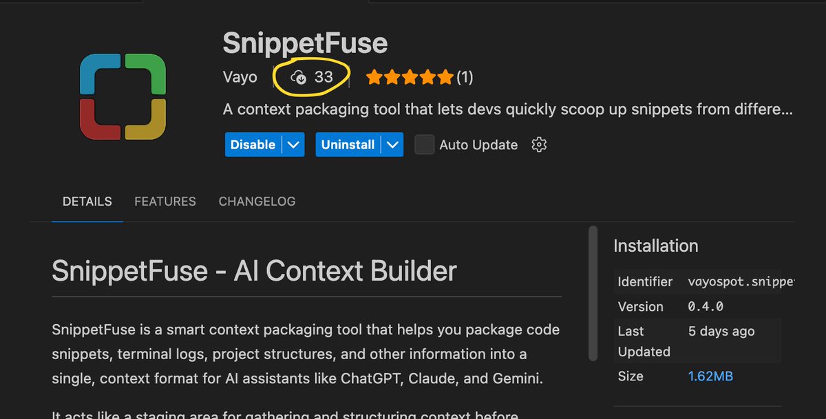 vayospot's tweet image. I couldn&apos;t afford cursor or claude code, so I built a free AI VSCode extension called SnippetFuse to help me and other broke devs to code faster with AI...

we are currently on 33 installs