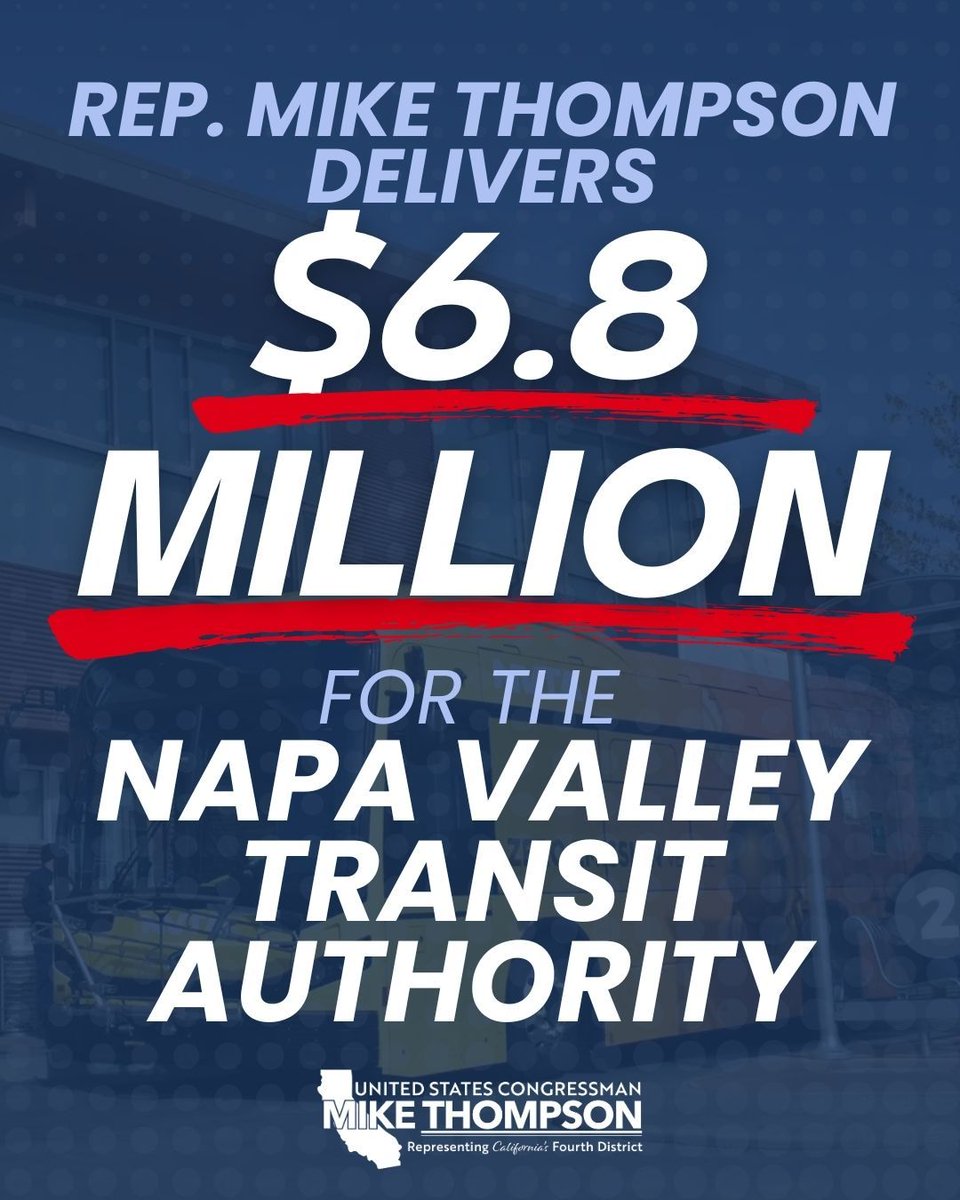 RepThompson's tweet image. Proud to have helped NVTA secure a $6.8 million federal grant to purchase six new hybrid-electric buses for our Vine Transit system. With these new buses, NVTA will both improve rider experience and reduce emissions. It’s a win-win for Napa residents and our planet.
