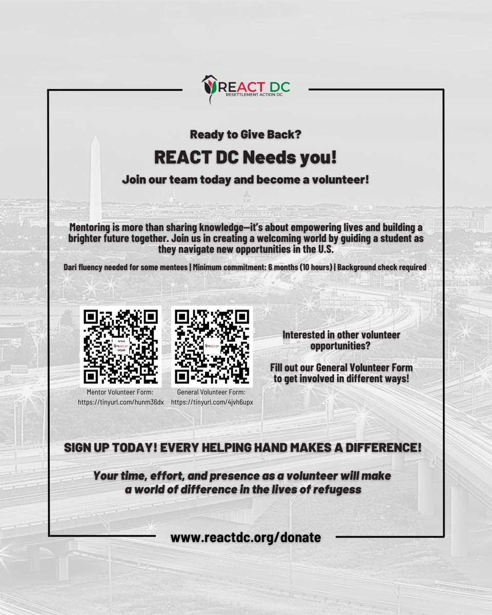 reactdcorg's tweet image. 🌟 REACT DC Needs Volunteers! 🌟

Make a difference for refugees:
💛 General volunteering: tinyurl.com/4jvh6upx

🤝 Mentor a student (Dari fluency may be needed, 6-mo min, background check): tinyurl.com/hunm36dx

Every helping hand counts!