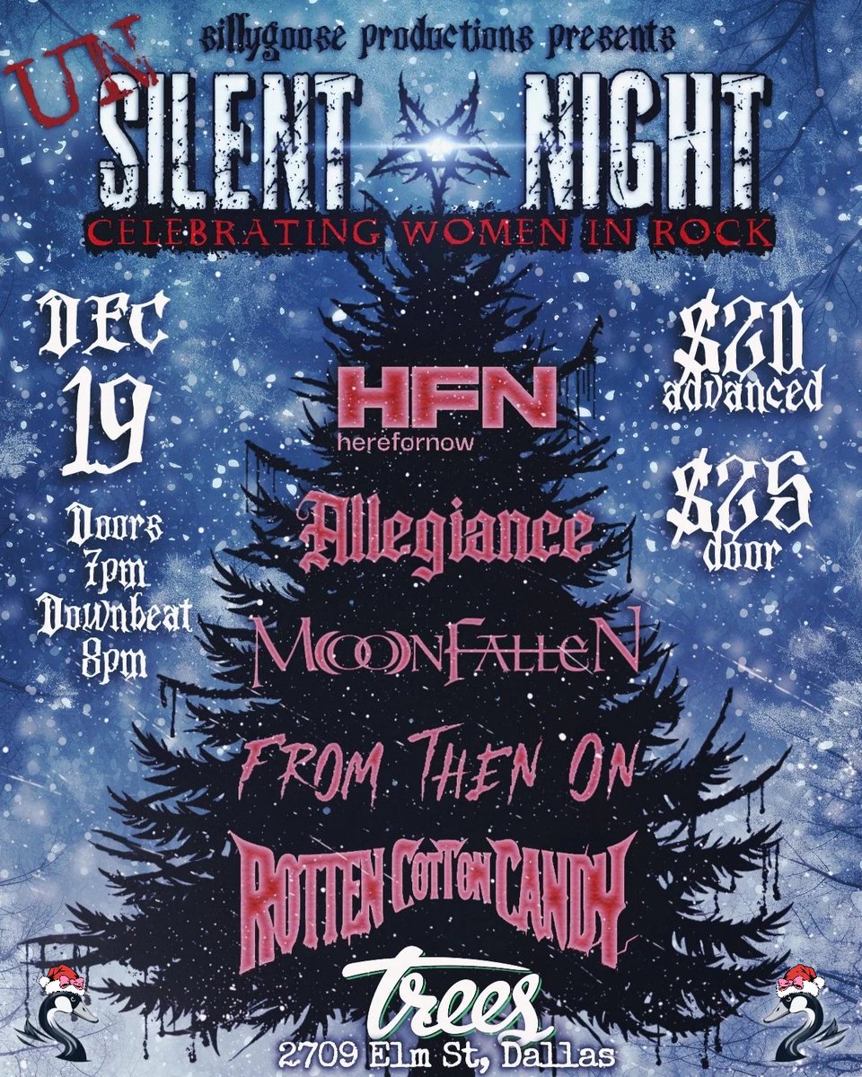 Don't miss! Un Silent Night featuring HFN, Allegiance, MoonFallen, From Then On, and Rotten Cotton Candy on December 19th.  Tickets on sale on at TreesDallas.com @herefornowband @moonfallenofficial @fromthenonfto @rottencottoncandyband