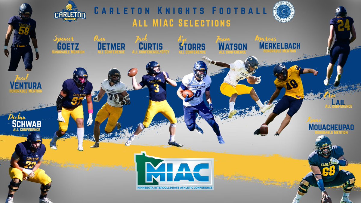 CarletonFB's tweet image. Your Carleton Knights had 6 players receive All-MIAC honors and another 4 players receive honorable mention! 

#KeepStackin