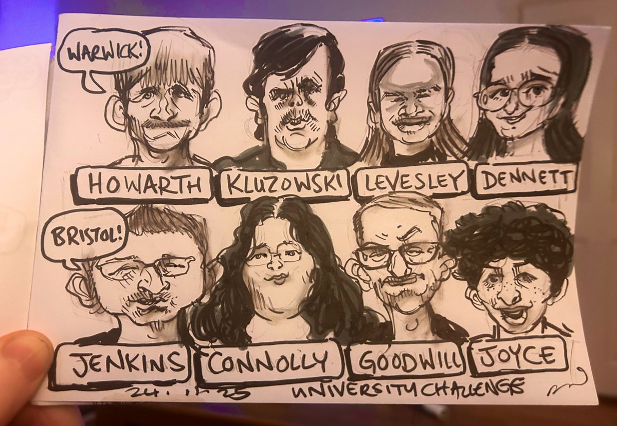 kavatarz's tweet image. Au revoir, @university_bristol, a bientôt @uniofwarwick! #universitychallenge #quizzymonday #caricature #livedrawing #speeddrawing #universitydrawingchallenge