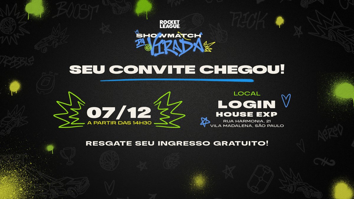 O convite que você esperava chegou! 🎟️

Garanta seu ingresso pra assistir de perto a disputa do Showmatch da Virada, em São Paulo!

Dia 7 de dezembro, direto da Login House eXP - a partir das 14h30!

Ingressos gratuitos limitados:
👉rl.gg/ingresso-da-vi…