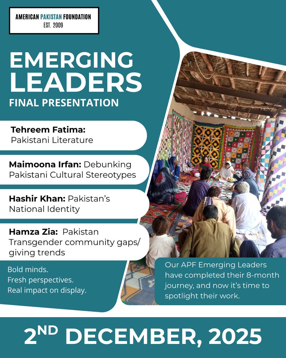 AmPakFdn's tweet image. Register here: us02web.zoom.us/webinar/regist…

From debunking Pakistani cultural stereotypes to shining a light on transgender community gaps, our Emerging Leaders cant wait to share their innovative projects with you! Tune in to hear them share their presentations on various aspects of…