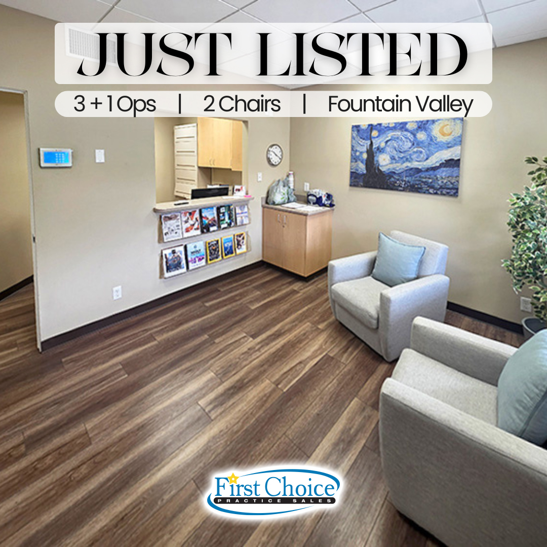 FirstChoicePS's tweet image. New Listing! 🦷 Fountain Valley Dental Leasehold

Listing # 25 - 575
Asking $175,000
3 + 1 Ops | 2 Chairs

🔹Clean, Bright Startup!
🔹Great Parking!
🔹Incredible $2,100 Rent!

Seller wanted to open a satelite office near home but could not manage 2 offices. Practice looks great…