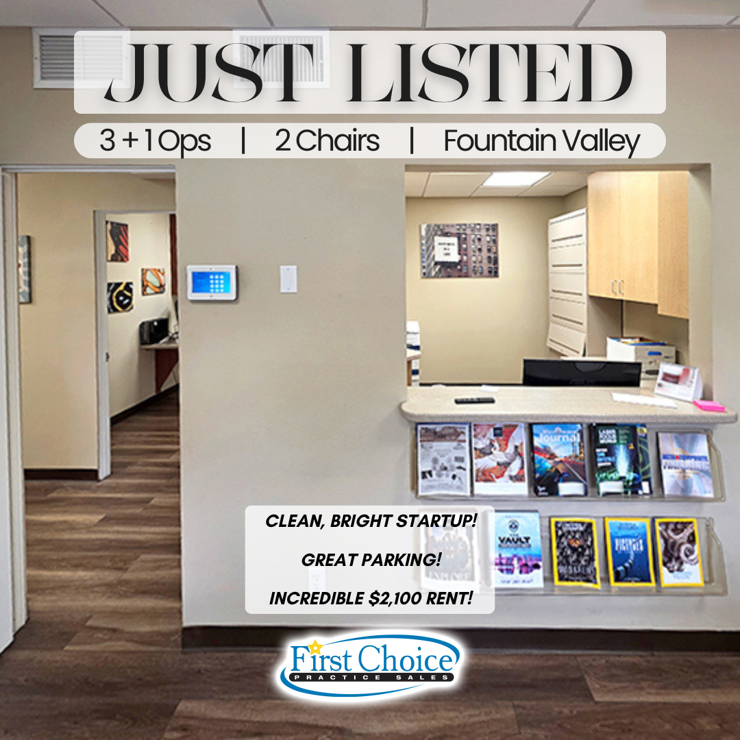 FirstChoicePS's tweet image. New Listing! 🦷 Fountain Valley Dental Leasehold

Listing # 25 - 575
Asking $175,000
3 + 1 Ops | 2 Chairs

🔹Clean, Bright Startup!
🔹Great Parking!
🔹Incredible $2,100 Rent!

Seller wanted to open a satelite office near home but could not manage 2 offices. Practice looks great…