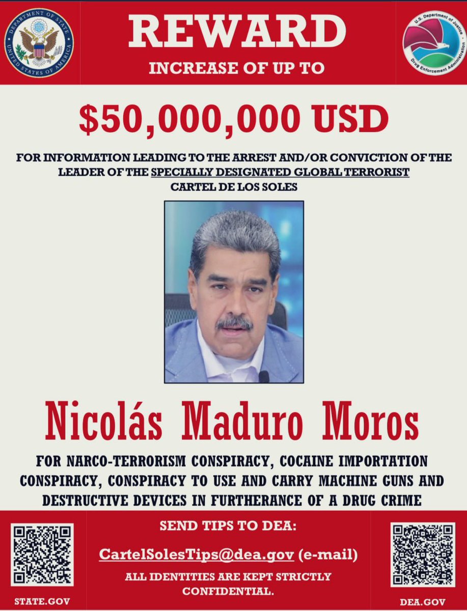 💥 Venezuela Devlet Başkanı Nicolas Maduro, ABD tarafından terör örgütü lideri ilan edildi.

Yakalanması için 50 milyon dolar ödül koyuldu.

ABD, daha önceden Saddam ve Usame bin Ladin için 25 milyon dolar ödül koymuştu.