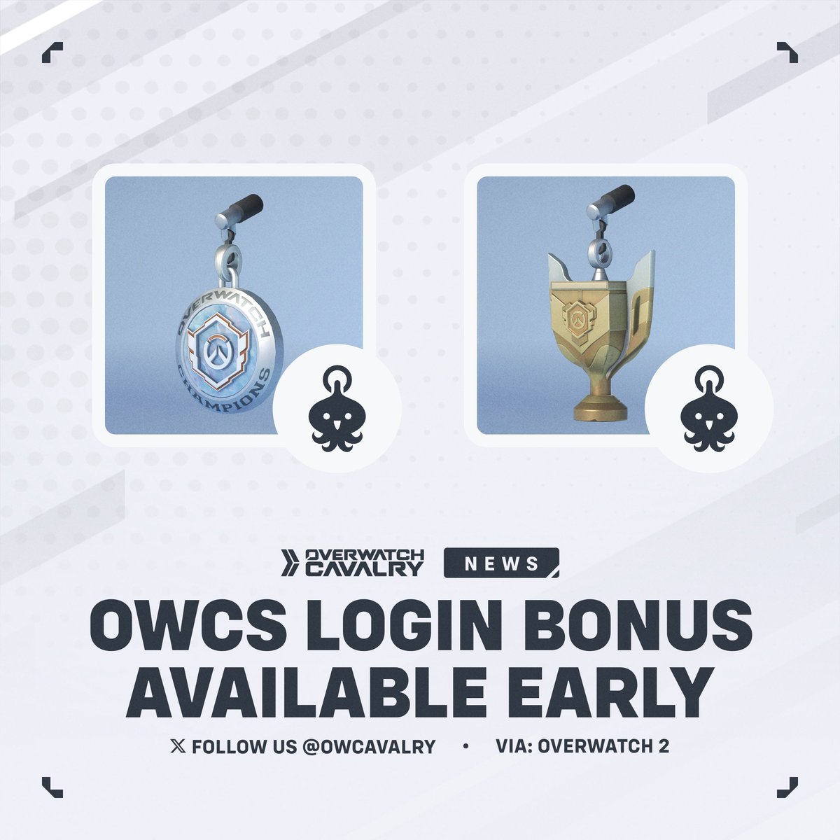 OWCavalry's tweet image. New OWCS Login Bonus for #Overwatch2 🏆

The in-game rewards for #OWCS World Finals are available earlier than expected. Log in to claim the Champion Bling and OWCS Trophy Weapon Charms!

🗓️ Available: Now - Nov 30