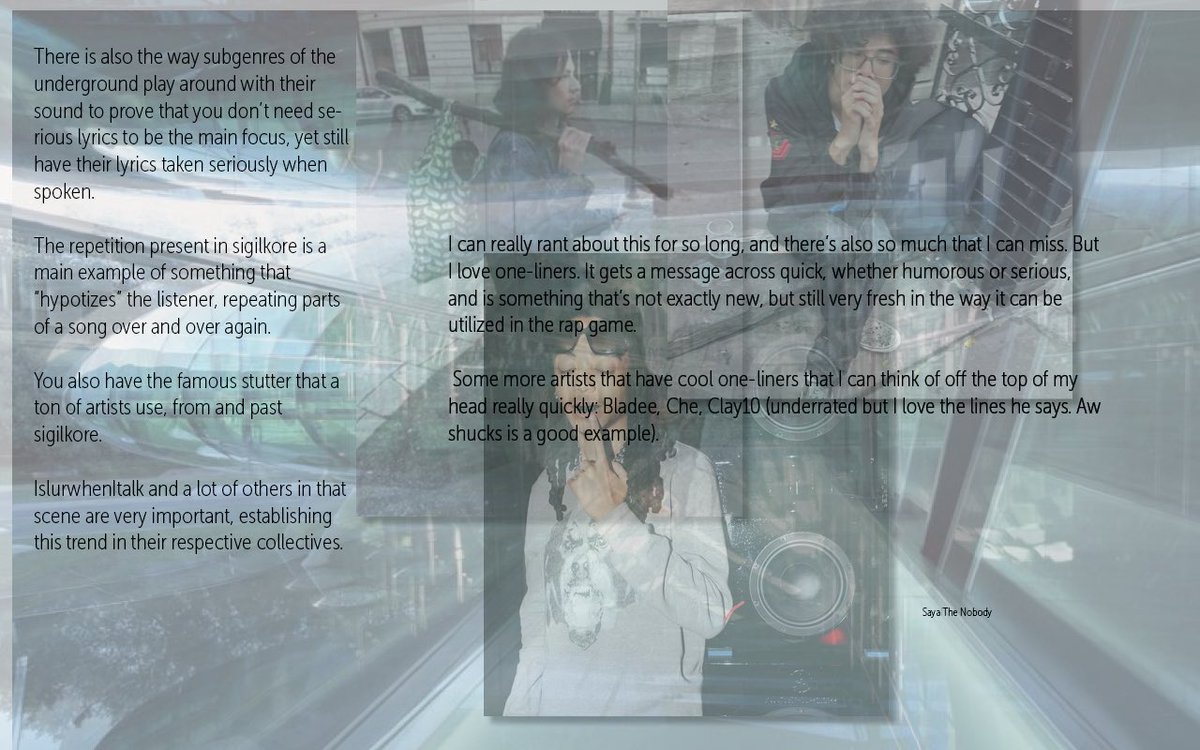 the nobodys, issue 8
mentions of xav and lil b, speaking on the importance of one liners and the shift of lyricism in the rap scene