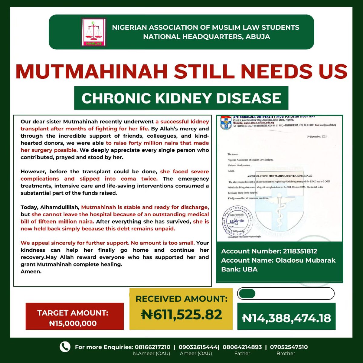 OladosuMub25957's tweet photo. This is an update on the Mutmahinah case 
*Date Updated: Monday, November 24th, 2025.* 
*Time Updated: 7:10pm*

Donate to:
Account Number: *2118351812* 
Account Name: Oladosu Mubarak
Bank: UBA

*#SaveMutmainah #PrayforMutimainah* *#SuccessfulSurgery* *#Backonherfeet* https://t.co/xU4yrsp2Dj