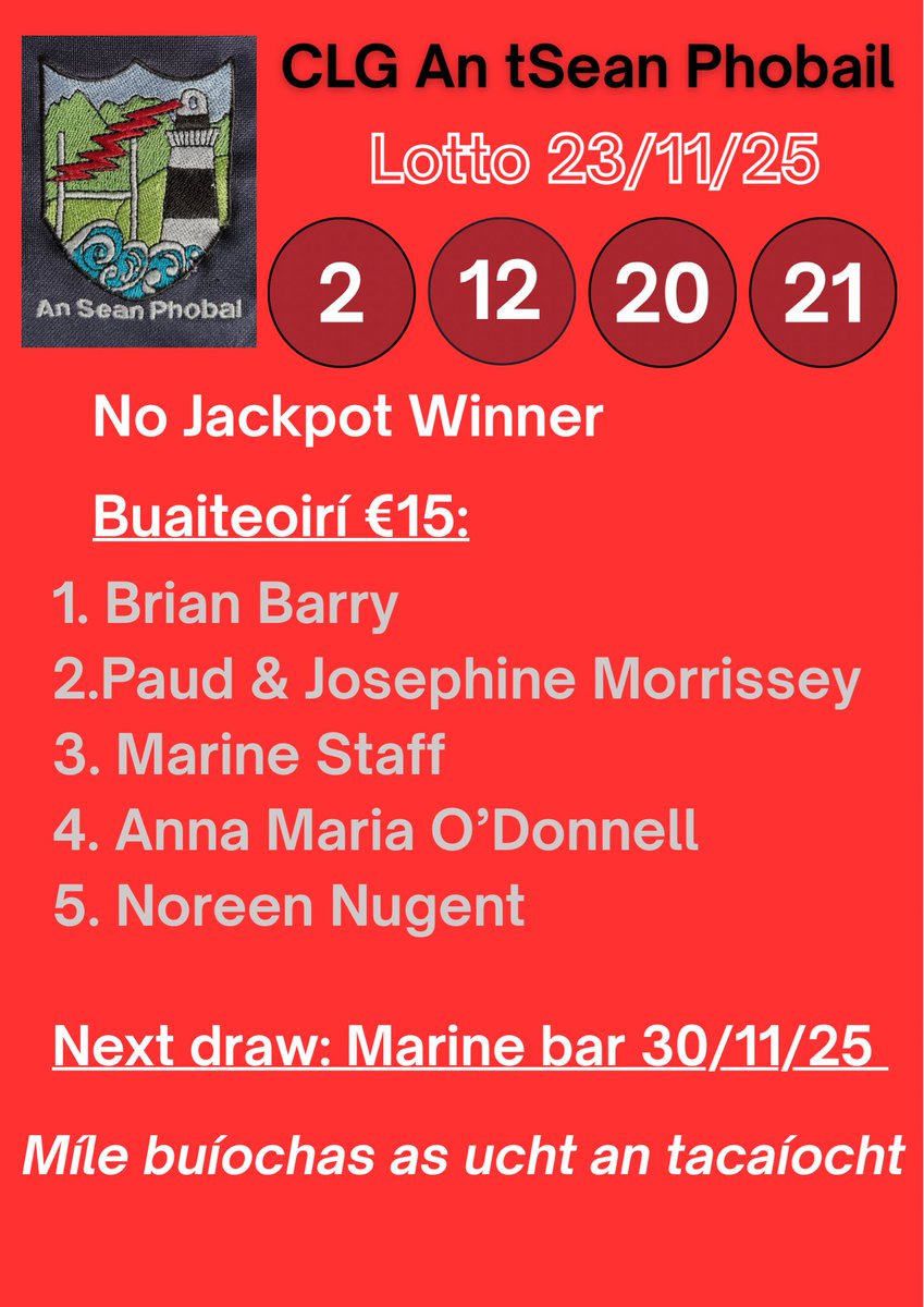 Lotto - 23/11/25
Torthaí Lotto na hoíche aréir: 2-12-20-21.
Ní raibh aon bhuaiteoir ar Jackpot na seachtaine seo. 
Míle buíochas as ucht bhur dtacaíocht.