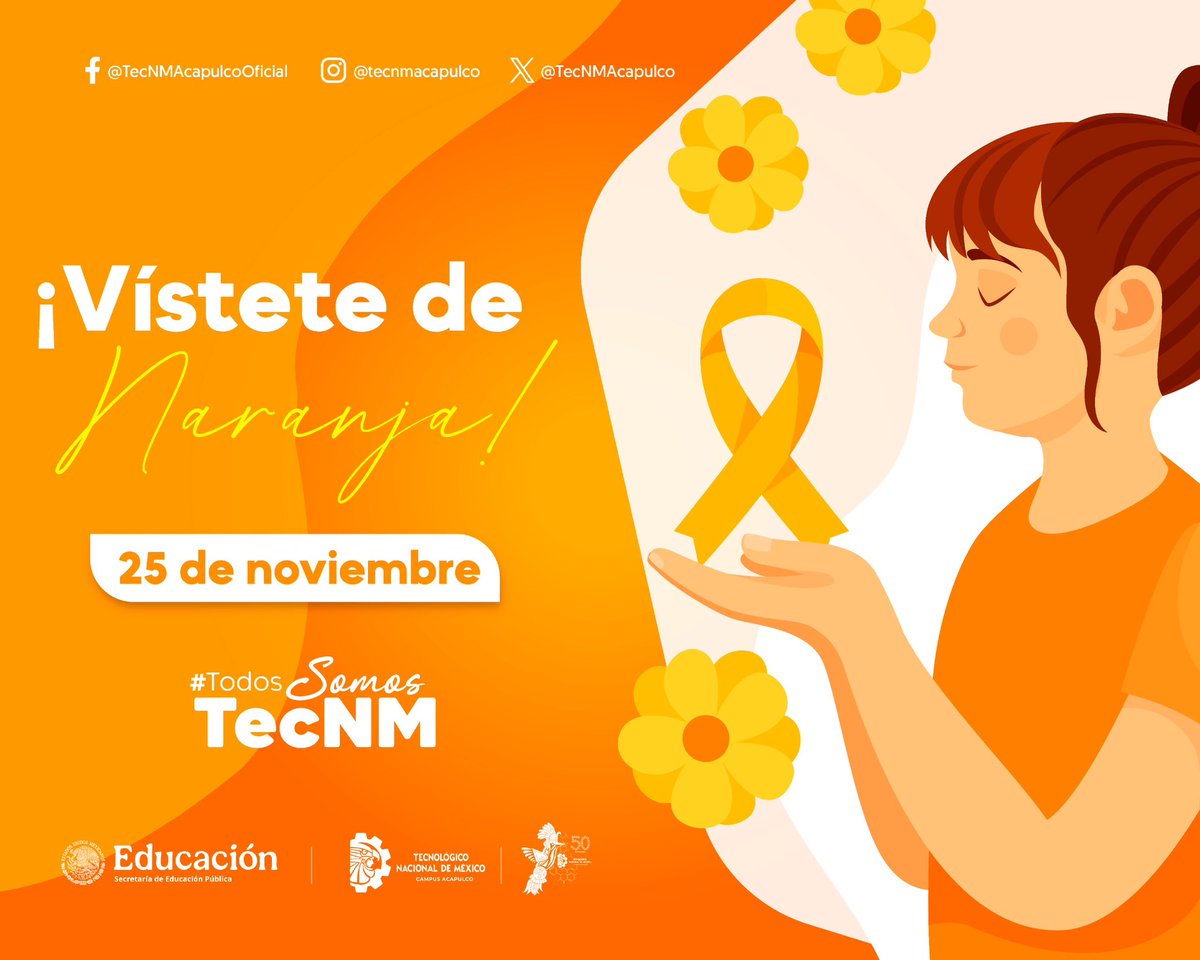 🎗️A la comunidad tecnológica la invitamos a que este 25 de noviembre nos vistamos de naranja, como parte de la campaña #UNETE y así actuar, generar conciencia y erradicar la violencia contra mujeres, adolescentes y niñas.

#DíaNaranja 
#TodosSomosTecNM