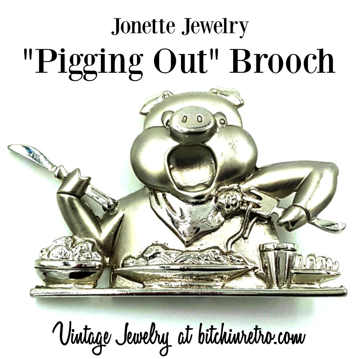 RetroCEO's tweet image. Jonette Jewelry brooch featuring a #pig or hog at the dinner table, &quot;pigging out.&quot; #JJ was known for their fun &amp;amp; clever pieces. Great #gift for a #foodie, or a #hostessgift, attached as an #ornament to a bottle of wine or tied to a basket.

#bitchinretro 

bitchinretro.com/products/jj-br…