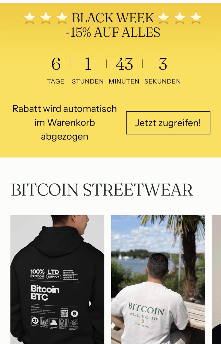 BLACK WEEK
-15% AUF ALLES + KOSTENLOSER VERSAND ⚡️⚡️#BITCOIN #BTC 

bitvestis.de/collections