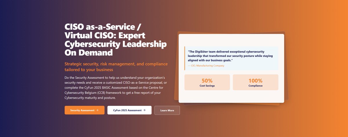 Complete the CyFun 2025 BASIC Assessment based on the Centre for Cybersecurity Belgium (CCB) framework to get a free report of your Cybersecurity maturity and posture. #cyfun #nis2 #ccb #iso27001 #cybersecurity #riskmanagement #nistcsf 

yourdedicatedciso.com/cyfun-assessme…