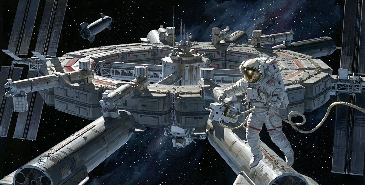 StratvizSvs's tweet image. Excited to share this new space-station scene, painted in a loose 1980s gouache concept-art style. Built from a Blender base, finished with Photoshop paintover and an AI filter pass. I love this era’s bold shapes and exploration energy. Might try a Grok timelapse next.