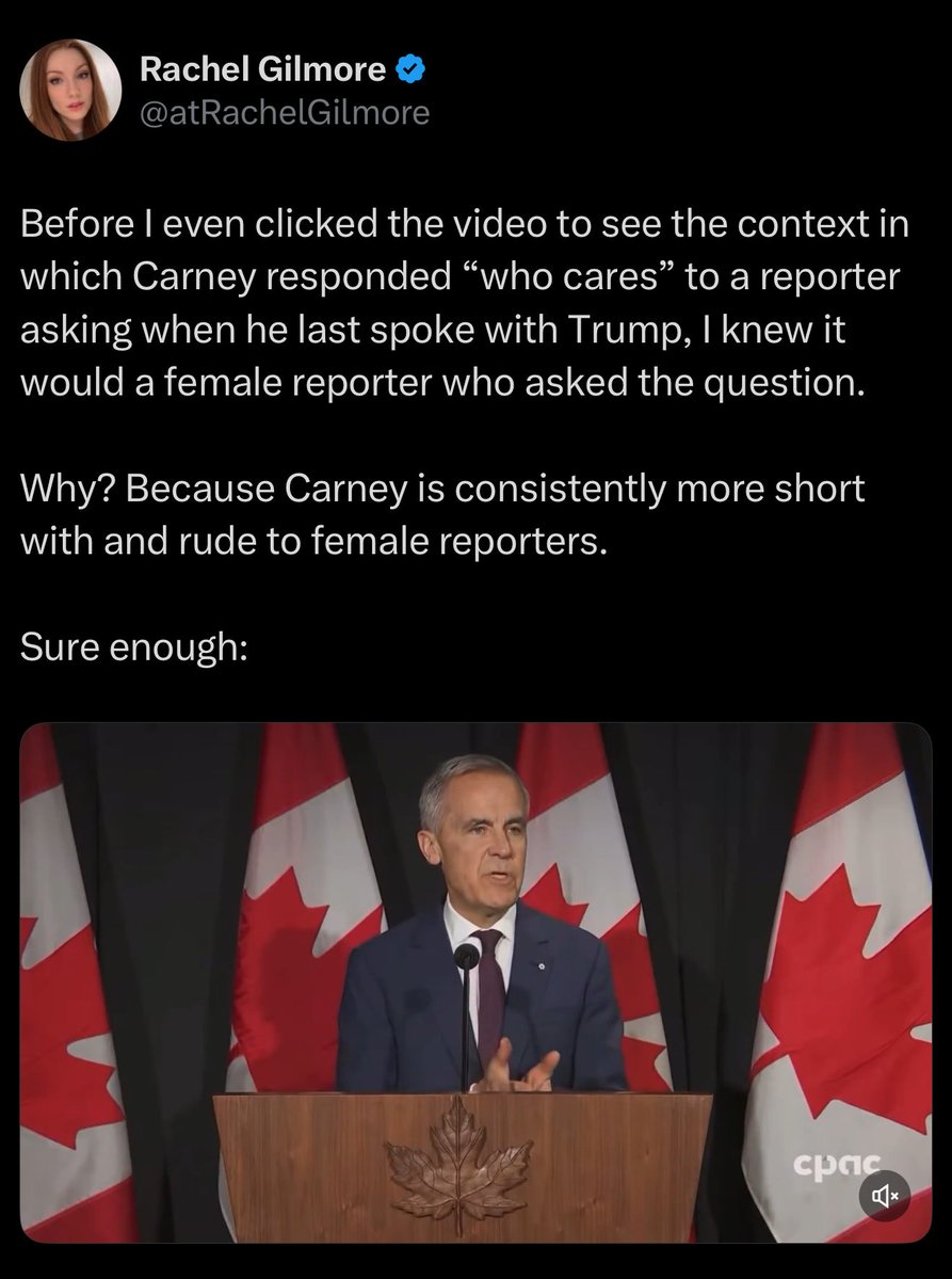 mario4thenorth's tweet image. “Carney is consistently more short with and rude to female reporters.” 

-Rachel Gilmore