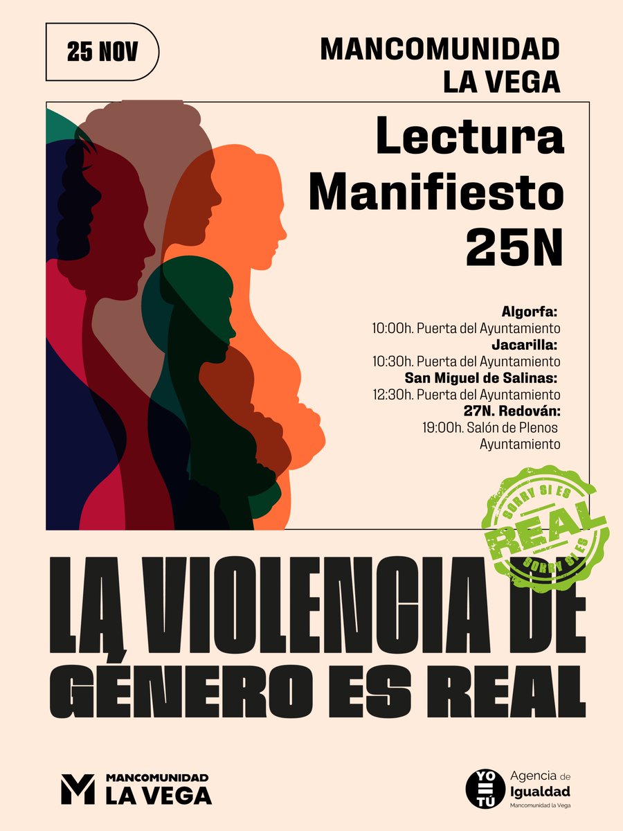 🌍 ¡La violencia de género ES REAL, y juntos podemos plantarle cara! 💪Este año, en la <a href="/MLVlavega/">Mancomunidad la Vega</a> te invitamos a participar en los actos de lectura del MANIFIESTO CONTRA LA VIOLENCIA DE GENERO
No te quedes en casa, tu presencia ayuda a visibilizar y combatir esta lacra.💜👥