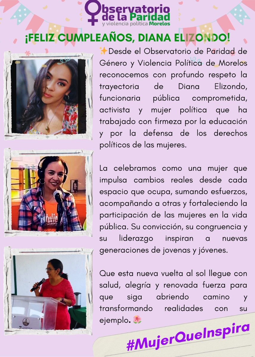 Felicitamos a @DianaElizondo, cuyo cumpleaños fue el 16 de noviembre. Su liderazgo como funcionaria pública, activista y mujer política fortalece la participación y los derechos de las mujeres. Nuestro reconocimiento y admiración siempre. 💜
#MujerQueInspira #NosotrasObservamos