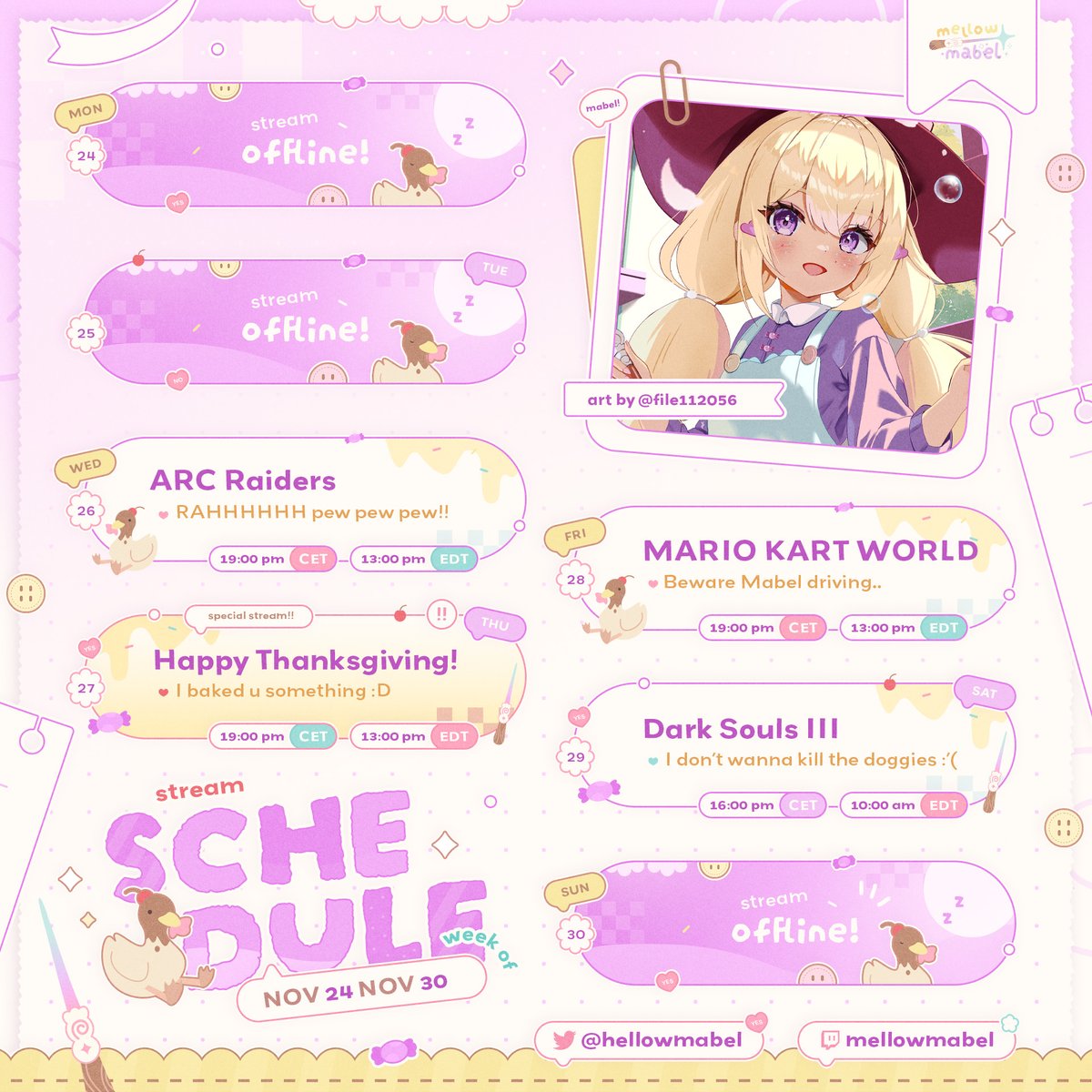 📅 𝒮𝒸𝒽𝑒𝒹𝓊𝓁𝑒 𝑜𝒻 𝓉𝒽𝑒 𝓌𝑒𝑒𝓀 | November 24th 

CRAZY STACKED SCHEDULE THIS WEEK GUYS LOOK LOOK ⬇️⬇️⬇️ 

I tested my new capture card and it *works* so we can do mario kart streams now ; _ ; ?? !??!? + trying out ARC Raiders and doing some baking for Thanksgiving 💕