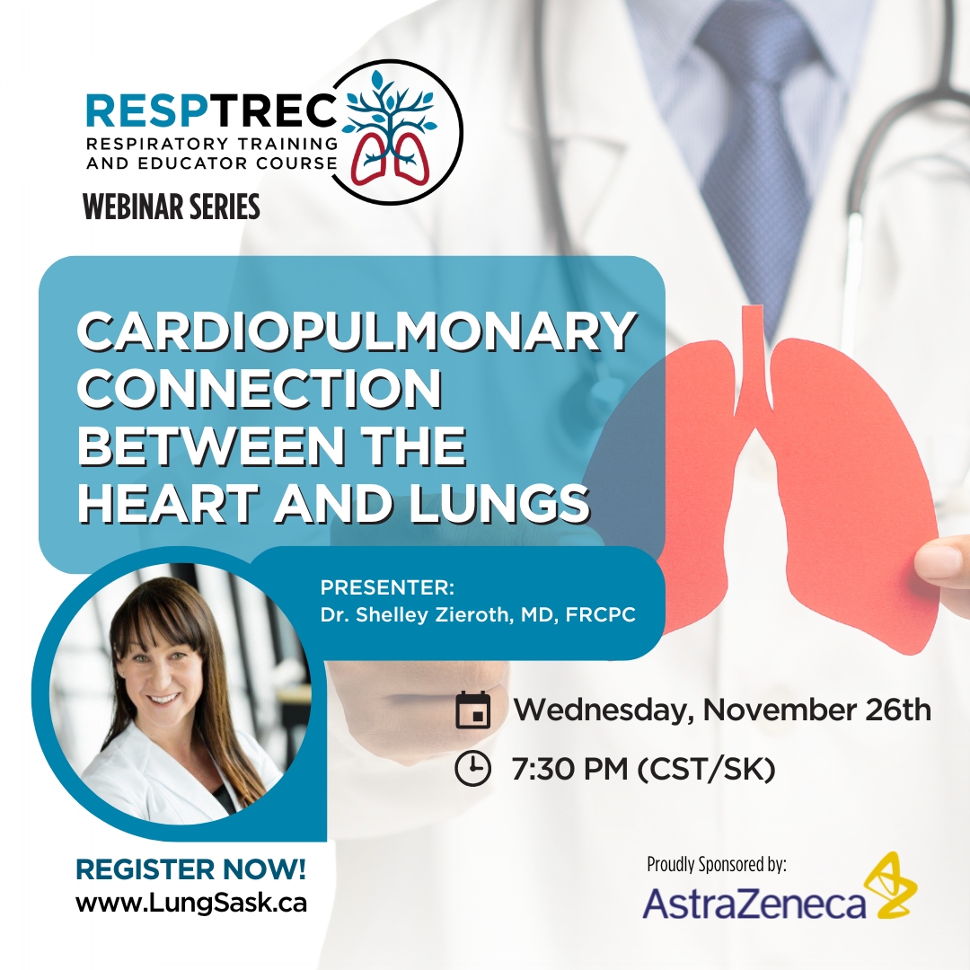 RESPTREC's tweet photo. 🩺RESPTREC Webinar series 

📅Wed., Nov. 26 
⏲️7:30PM (CST/SK)

Dr. Shelley Zieroth, MD, FRCPC presents on the Cardiopulmonary Connection Between the Heart and Lungs. 
👉https://t.co/SQNe5g6uiA 

This webinar is supported through a Lung Saskatchewan and @AstraZeneca partnership. https://t.co/3l1rYlW3L6