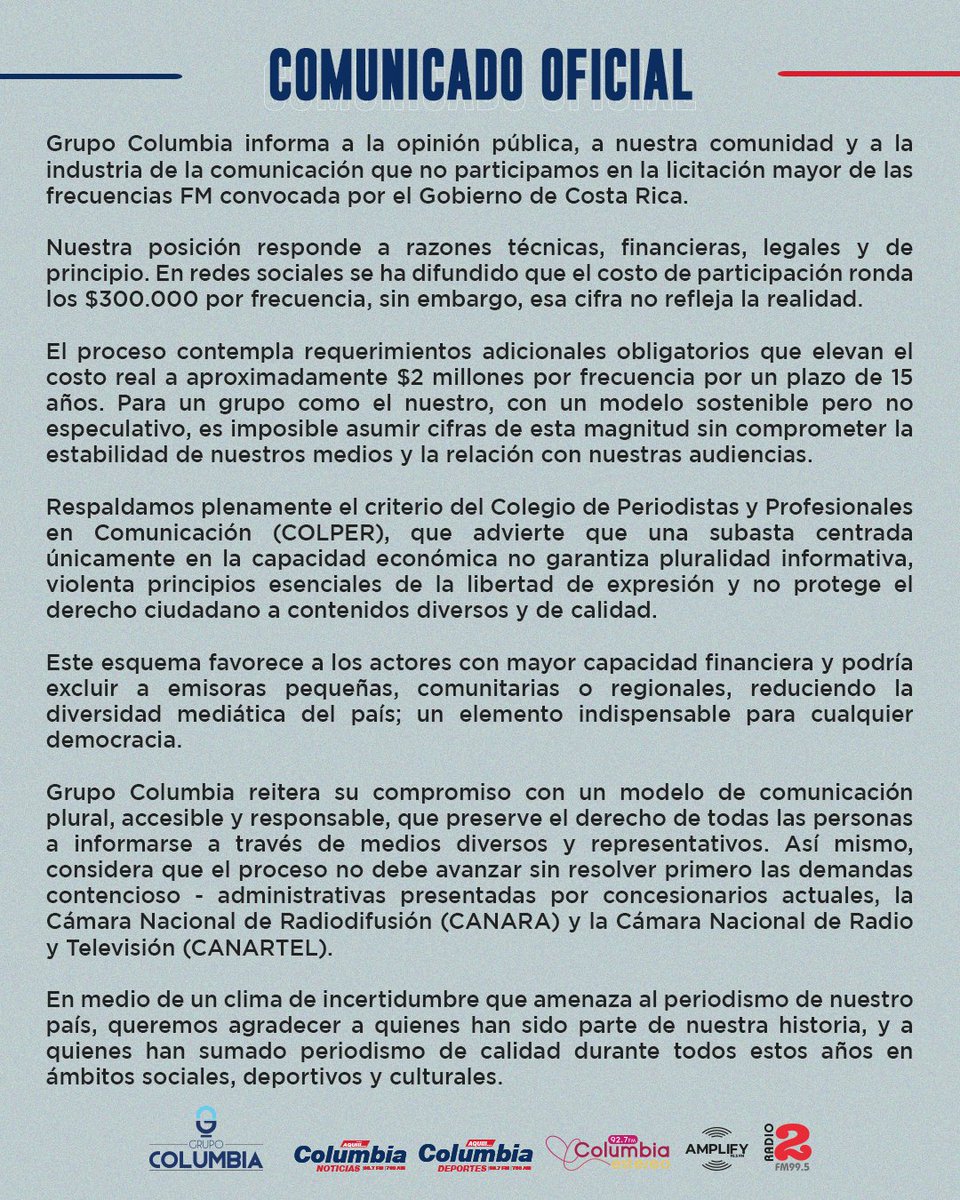 Pronunciamiento oficial de Grupo Columbia y todas sus emisoras sobre el concurso de radio frecuencias, propuesto por la Superintendencia de Telecomunicaciones (SUTEL).