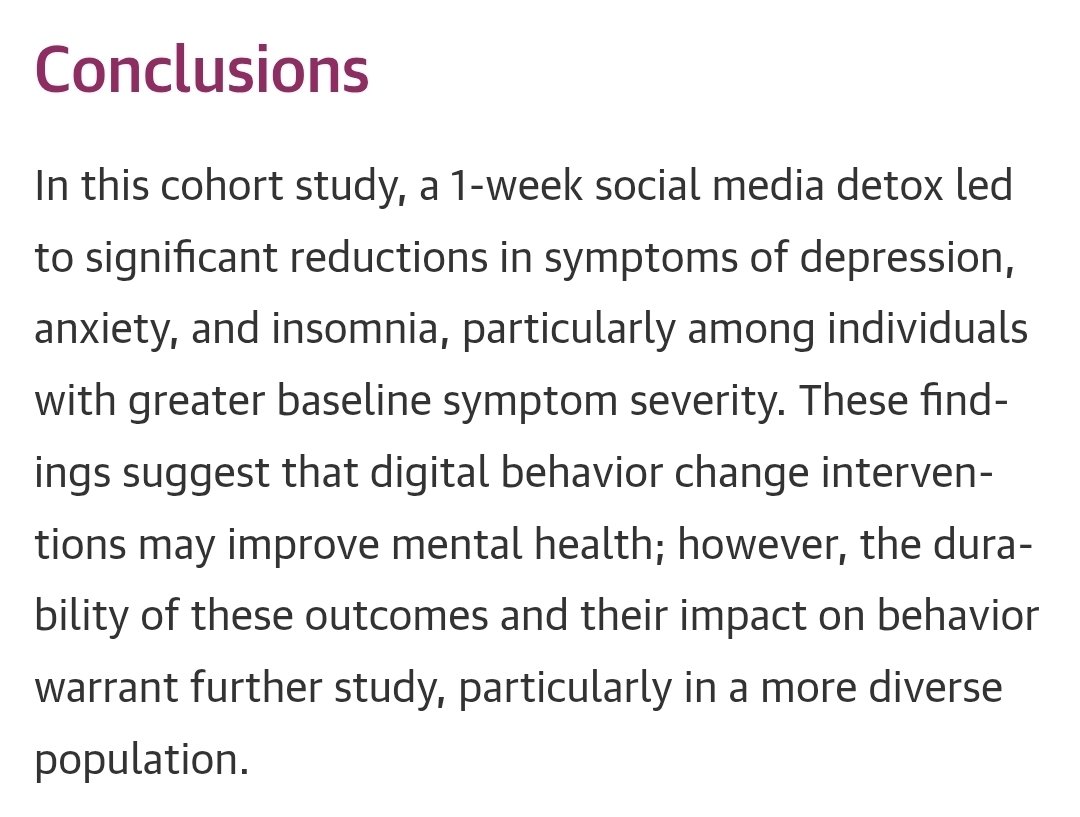 _MCRicardo_'s tweet image. Social Media Detox and Youth Mental Health

Question:  Is reducing social media use associated w/behavior &amp;amp; mental health outcomes among young adults?
jamanetwork.com/journals/jaman… @_atanas_ @HealthyFellow @DrRPalmquist