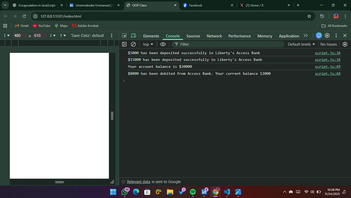libertyjnr18's tweet image. JavaScript humbled me today 😂

I spent the day learning Encapsulation  how the DOM can work like objects/classes, hiding the details and exposing only what’s needed.