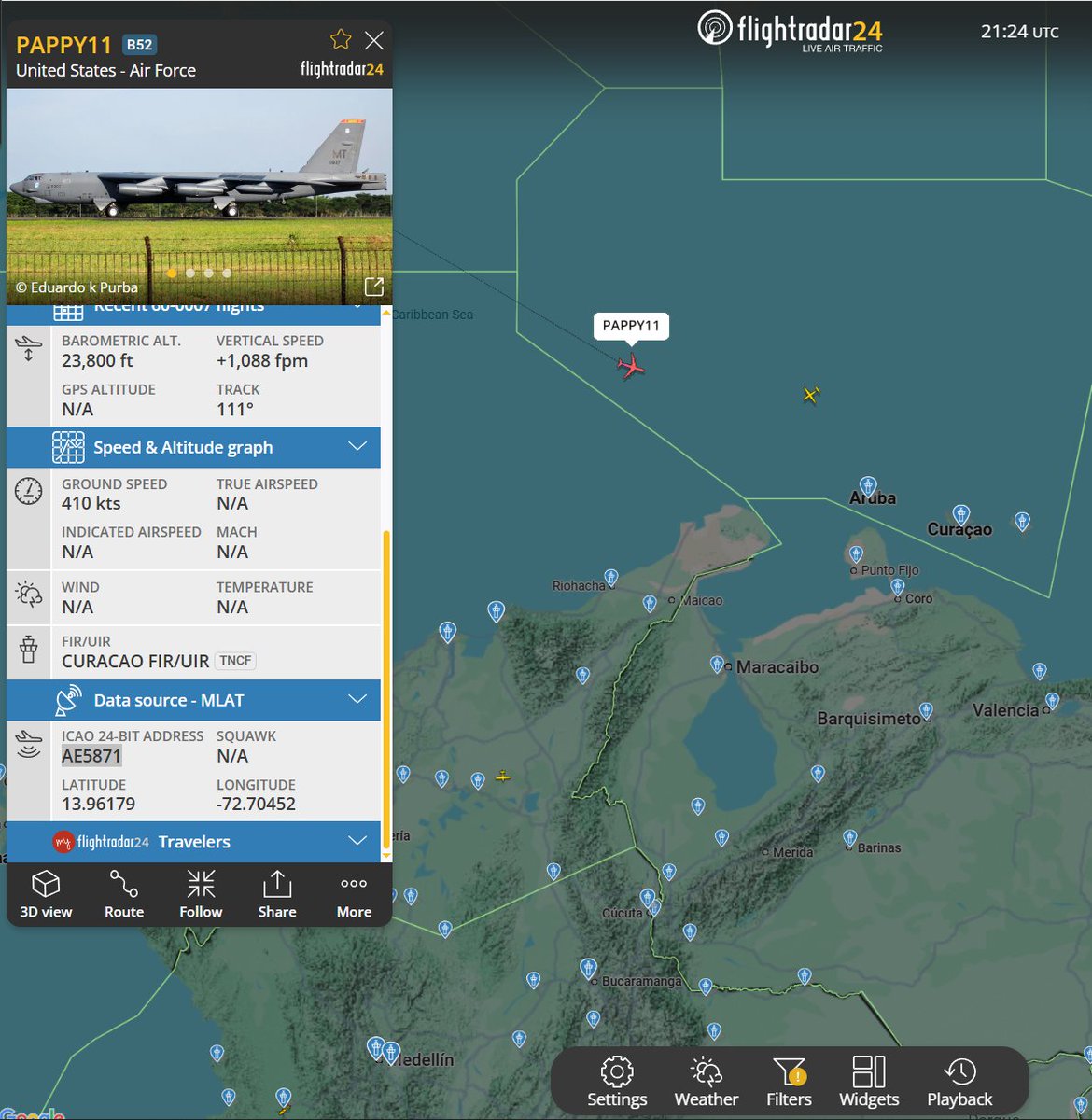 Flightwatcher1's tweet image. #USAF B-52H Stratofortress 
Código de llamada: PAPPY11 
Matrícula: 60-0007
Hex: #ae5871 
Desde Minot AFB🇺🇸 primer contacto en el FIR Curaçao para iniciar demostración de fuerza..
#SOUTHCOM