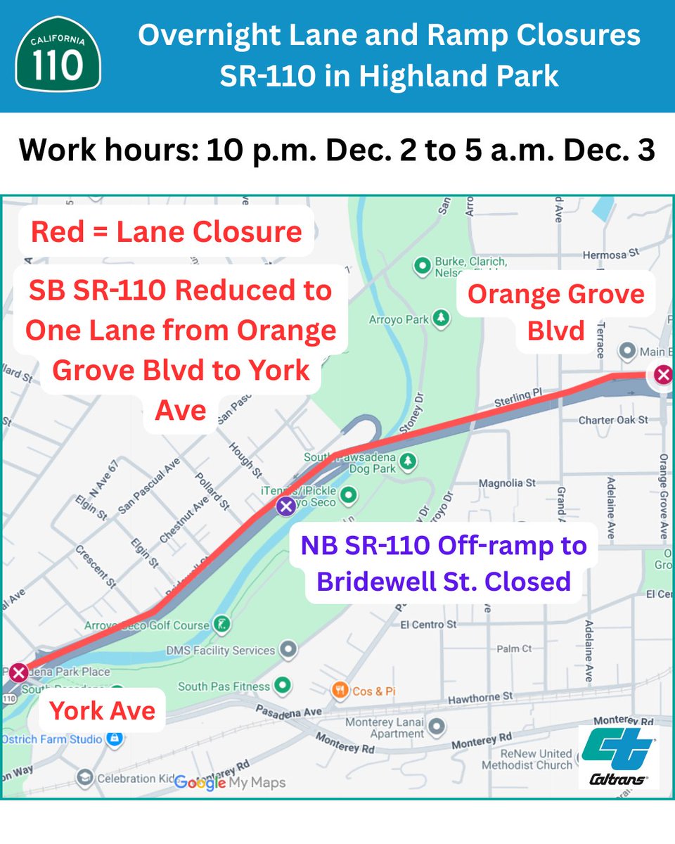 CaltransDist7's tweet image. 🚧OVERNIGHT CLOSURES🚧
On southbound SR-110/Arroyo Seco Parkway, 2right lanes will be closed overnight from 10 PM Tues. 12/2 until 5 AM Wed. 12/3, from Orange Grove Ave to York Blvd (Highland Park ) for barrier repair work. Know before you go: Check quickmap.dot.ca.gov