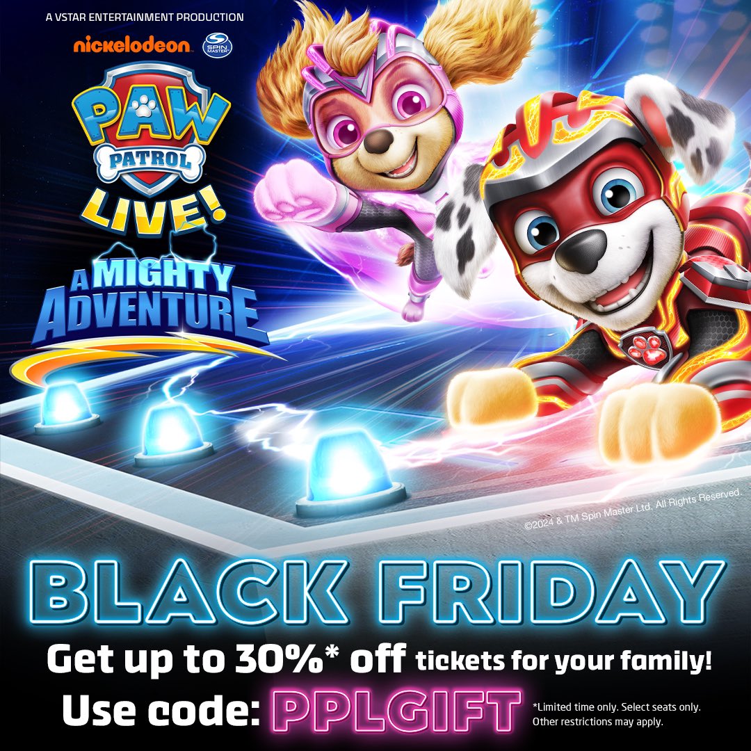 Maverik_Center's tweet photo. Save on tickets for your family with this limited-time Black Friday offer! Use code PPLGIFT for 30% off tickets to @PAWPatrolLive "A Mighty Adventure" in West Valley City January 24 &amp; 25!
🎟️: https://t.co/Ae9vNx7znS
*valid 11/18-12/1 https://t.co/xxQ97oWyF7