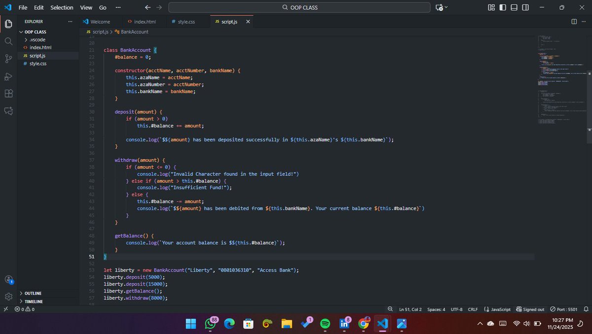 libertyjnr18's tweet image. JavaScript humbled me today 😂

I spent the day learning Encapsulation  how the DOM can work like objects/classes, hiding the details and exposing only what’s needed.