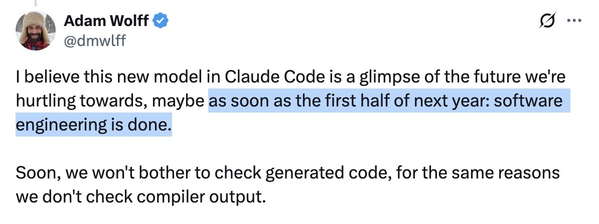 zivdotcat's tweet image. 🚨 Anthropic researcher says: &quot;We may see software engineering become obsolete by early next year.&quot;