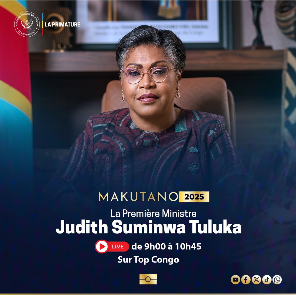 #Makutano2025 
25 novembre 2025| Dans un échange qui se voudra ouvert et constructif, la Première Ministre répondra aux questions relatives à 
« Comment construire une économie connectée, compétitive et souveraine ?»

En direct de Top Congo de 9h00 à 10h45