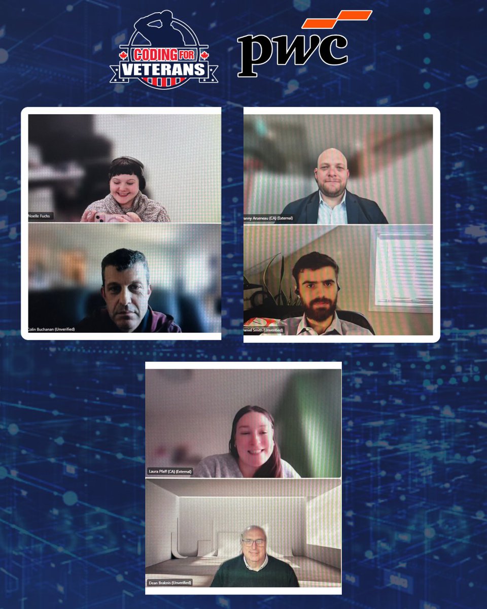 Coding4Veterans's tweet image. Throwback to our Virtual Job Fair. An incredible kickoff featuring industry leaders PwC, IBM, CSE, Commissionaires, and Accenture connecting directly with our students. A huge thank you to our partners for supporting our mission.