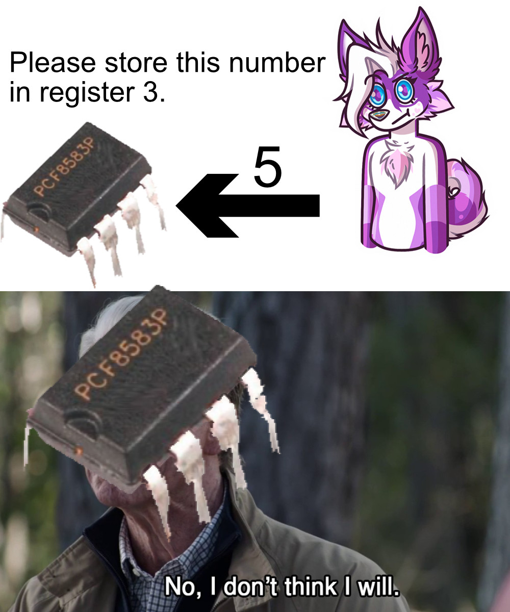 secfurry's tweet image. The problems when doing #embedded programming 😅 You know it&apos;s frustrating when I make memes about it 😆 

It&apos;s the PCF85063A, that was the best image I could find lol #meme (Yes that&apos;s the correct register address 😉)