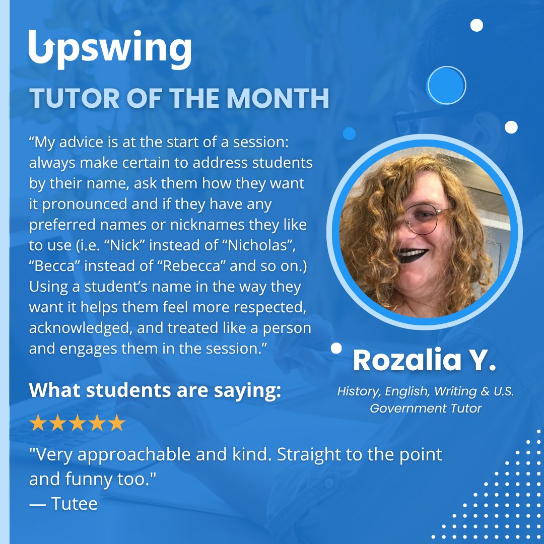 Huge congrats to Rozalia Y., our November Tutor of the Month! 🎉
For three years, Rozalia has supported students across history, English, writing, and U.S. government with kindness, connection, and humor. So grateful for all Rozalia brings to Upswing! 💙
#Upswing #HigherEd