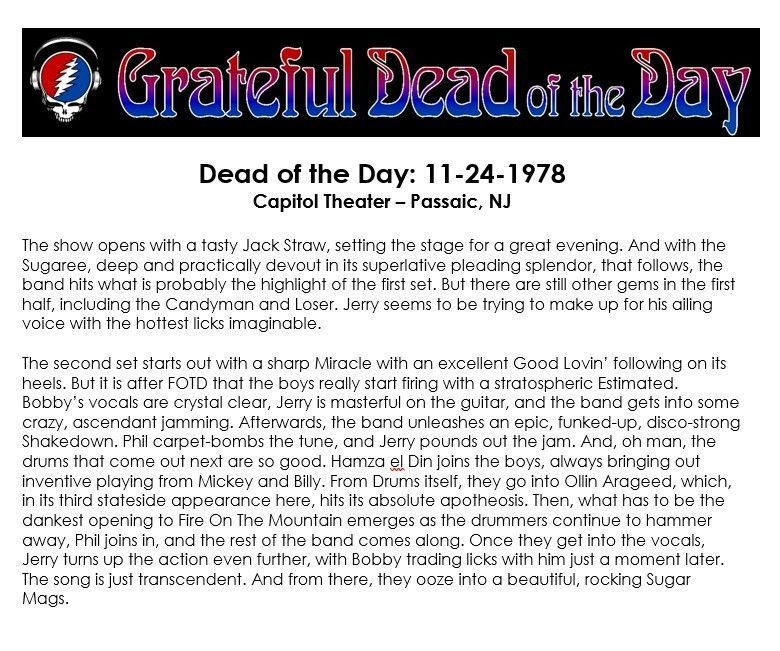 gdradio's tweet image. #UpNext on GDRADIO.NET
(at around 5:00pm eastern / 2:00pm pacific)
★ 1978-11-24 at the Capitol Theater in Passaic, NJ ★
#OTD #DeadOTD #DeadHeads #GratefulDead #gratefuldeadmusic
(content courtesy of gratefuldeadoftheday.com)