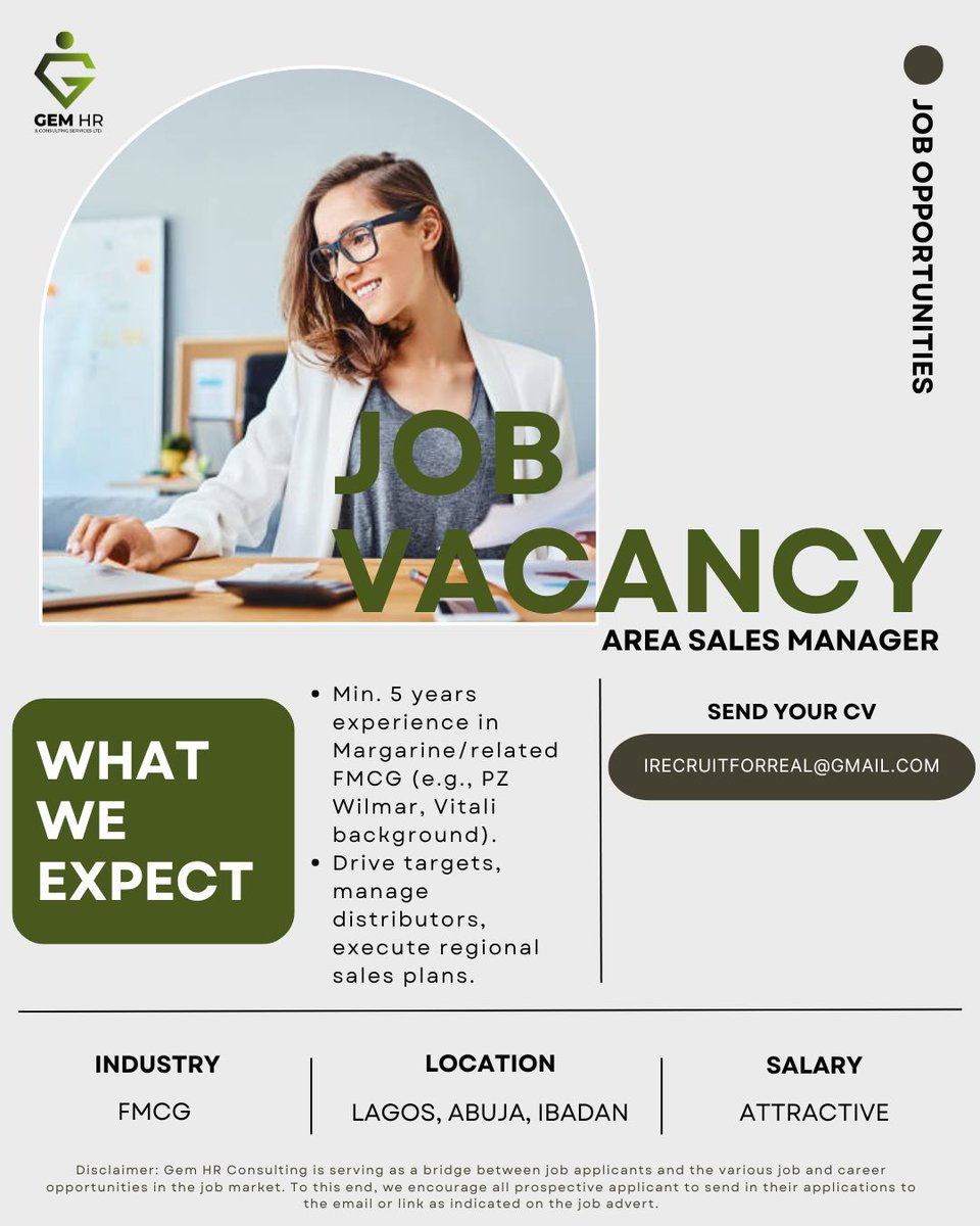 gem_hr's tweet image. 🔥Urgent Hiring: Area Sales Manager!🌟Lead and impact the FMCG Industry! Location: Lagos, Abuja, Ibadan, Onitsha.💌APPLY: irecruitforreal@gmail.com⏳Act fast—this opportunity won&apos;t last! 👥 Know someone ideal? Tag them! #salesmanager #salesmanagement #areasalesmanager #areasales