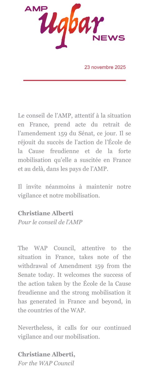 Communiqué du conseil de l' AMP / Communiqué from the WAP Council