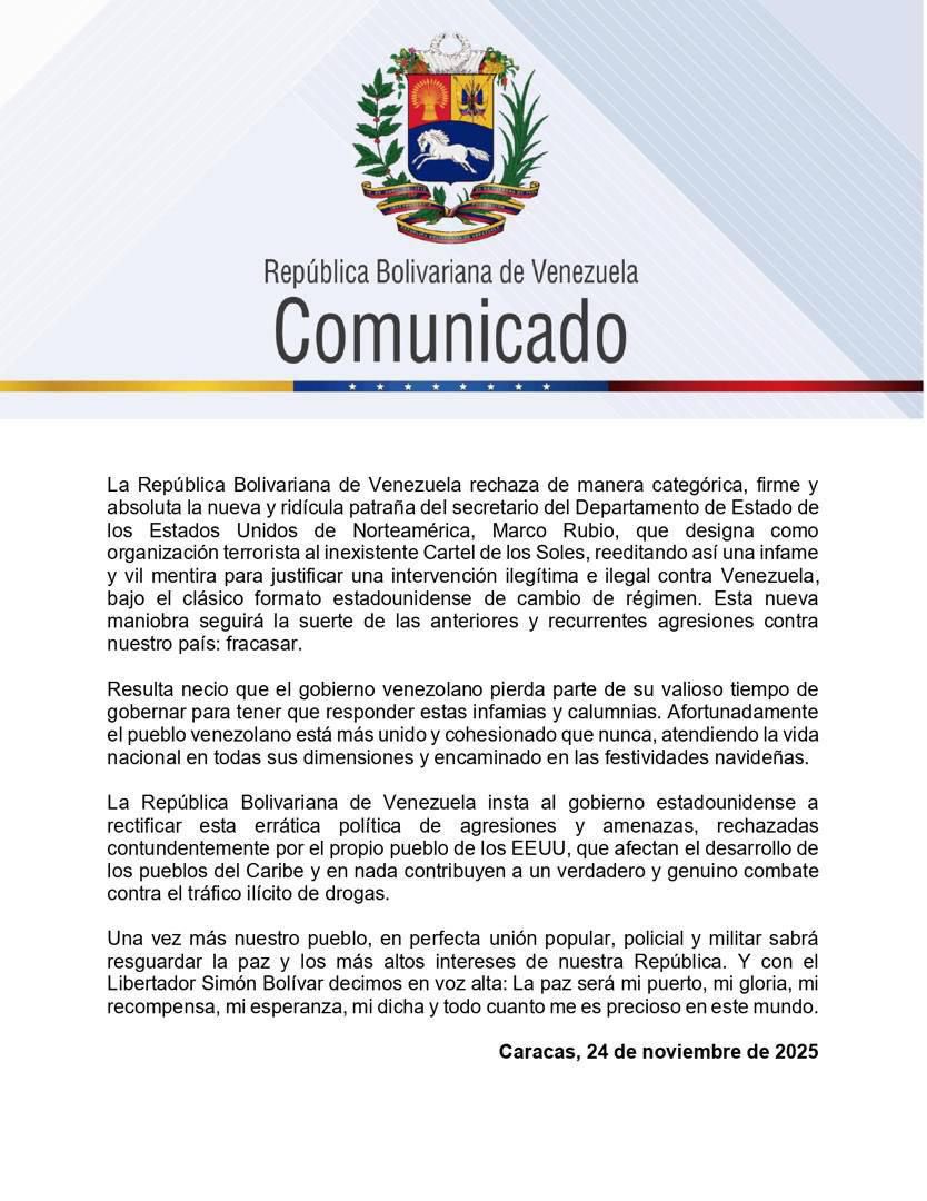 Es de sobra conocido que el CARTEL DE LOS SOLES no existe...es una mentira vil y descarada del departamento de Estado de EE.UU inventada por MARCO RUBIO  para justificar la agresión contra VENEZUELA e imponer a la infame traidora de MARIA CORINA MACHADO que ha prometido entregar